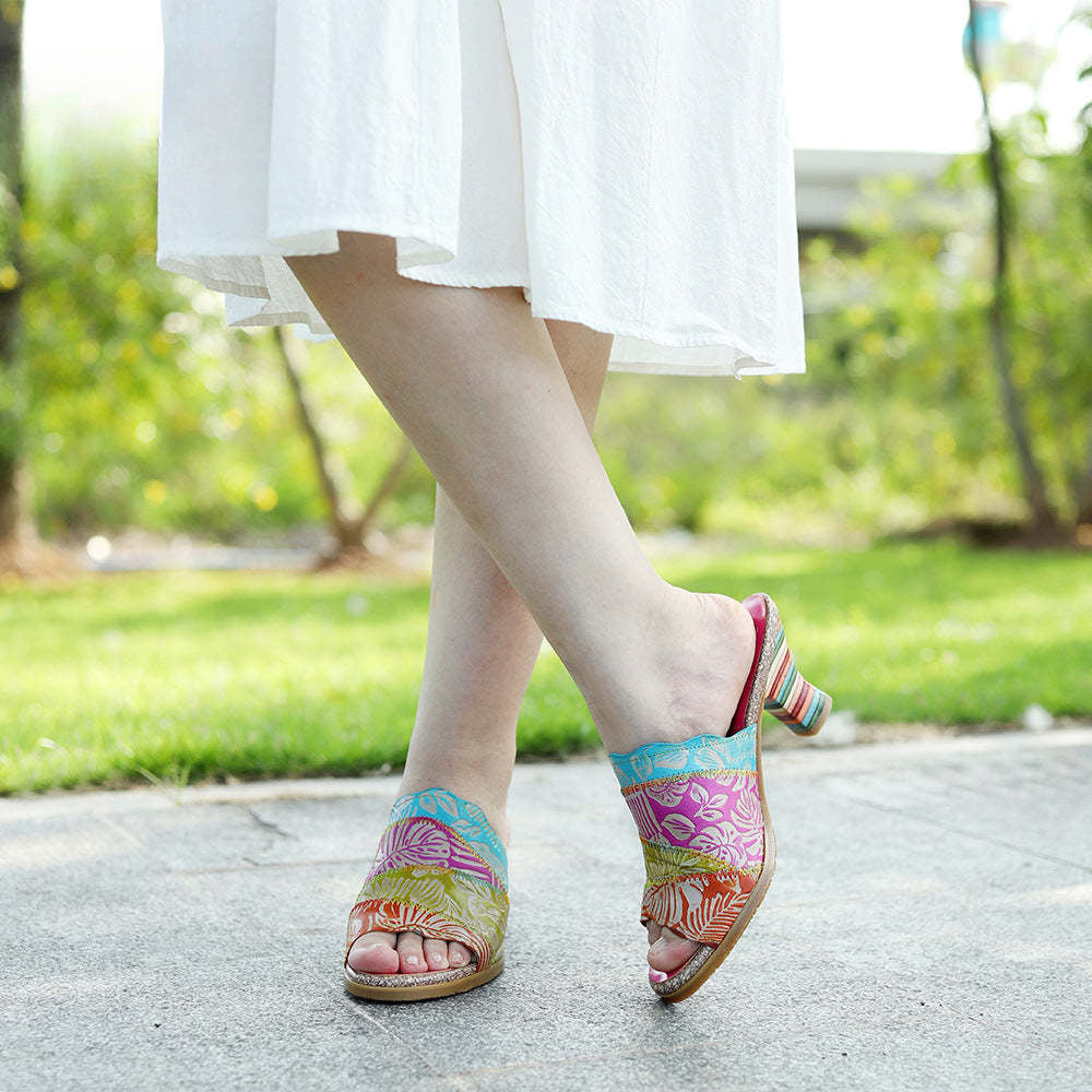 Socofy Summer Leather Vintage Colour Block High Heeled Sandals