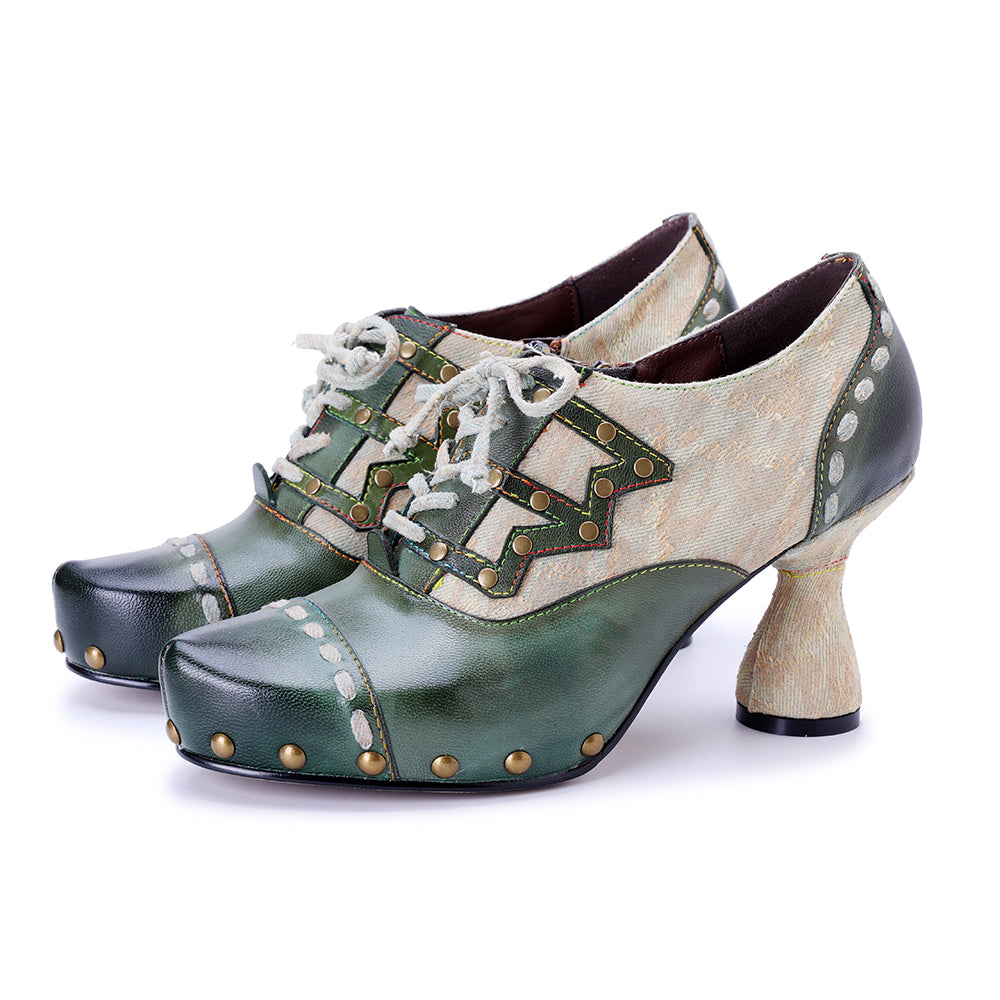 Socofy Vicconfy Genuine Leather Army Green Ethnic Style High Heels