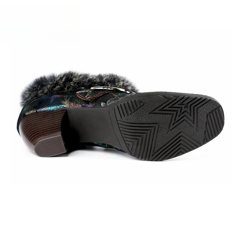 Socofy Vicconfy Genuine Leather Vintage Genuine Wool Patchwork Vintage Illusion Pumps