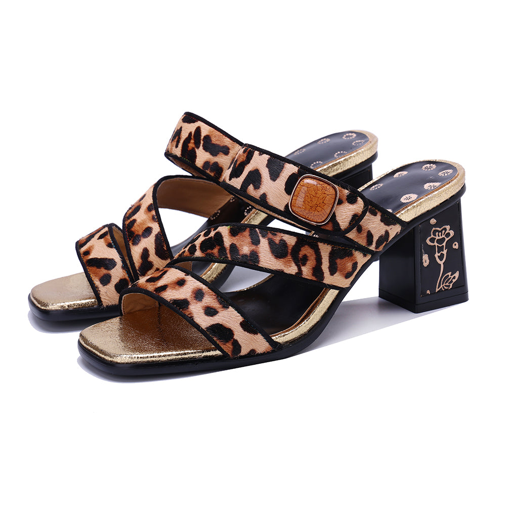 Socofy Vicconfy Leopard Print High Heeled Sandals Slippers