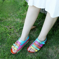 Socofy summer genuine leather belt buckle comfortable flat women's sandals