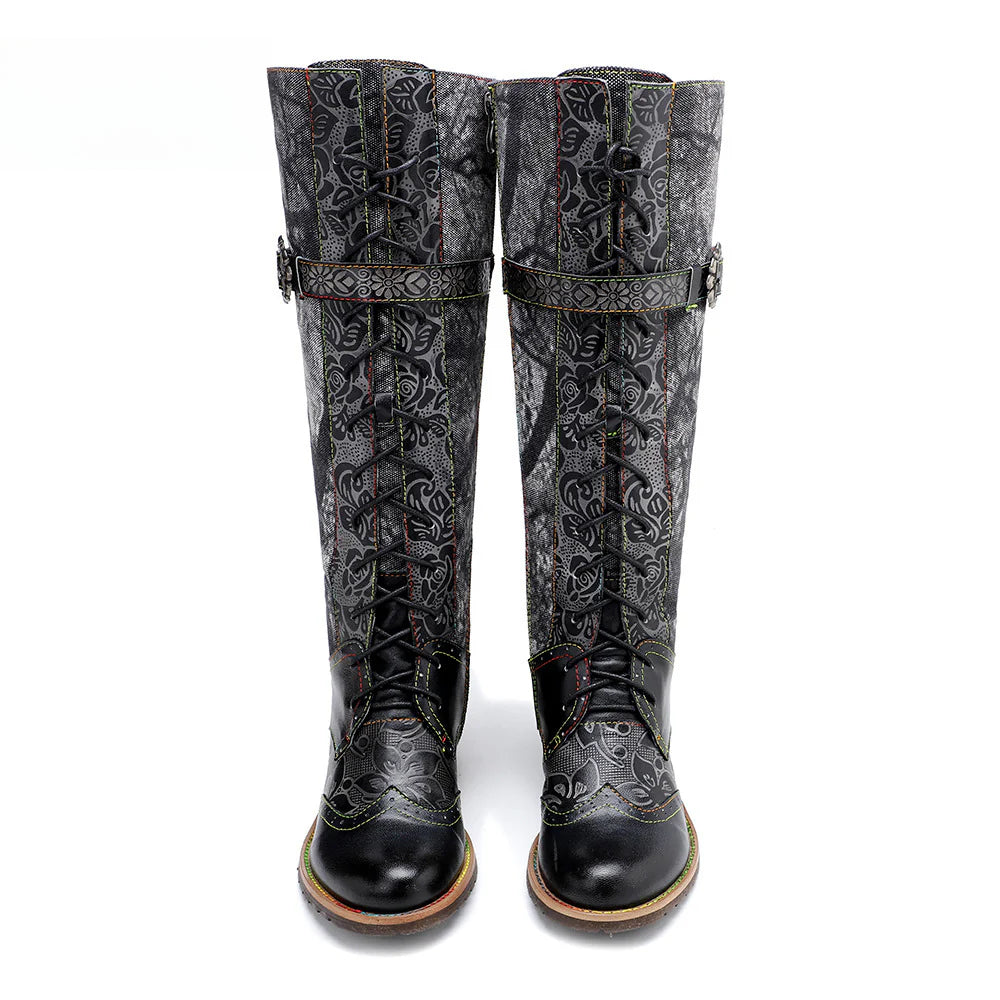 Socofy Vicconfy Genuine Leather Dark Flower Lace Up Flat Boots