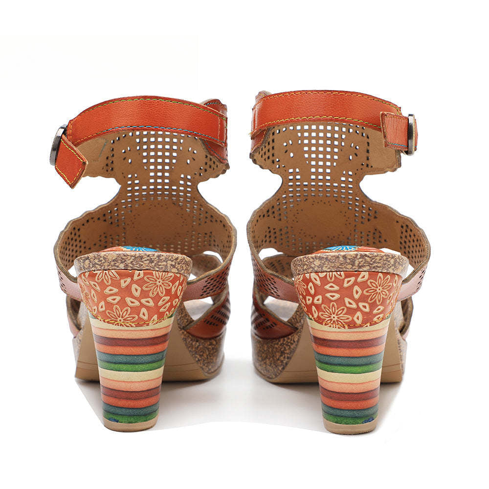 Socofy new retro genuine leather hollow color layer leather high heel sandals