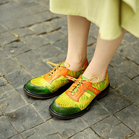 Socofy genuine leather retro printed lace-up casual round toe thick heel women's leather flat shoes 1000