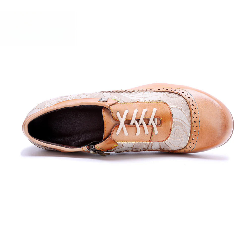 Socofy Genuine leather beige vintage brogue tassel side zipper pumps