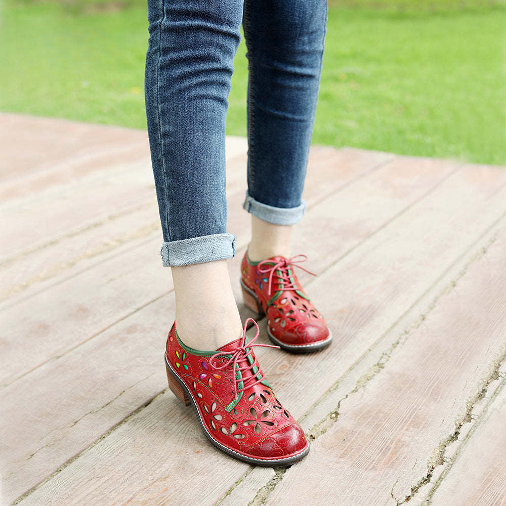 Socofy New style genuine leather retro contrasting hollow lace-up women's shoes