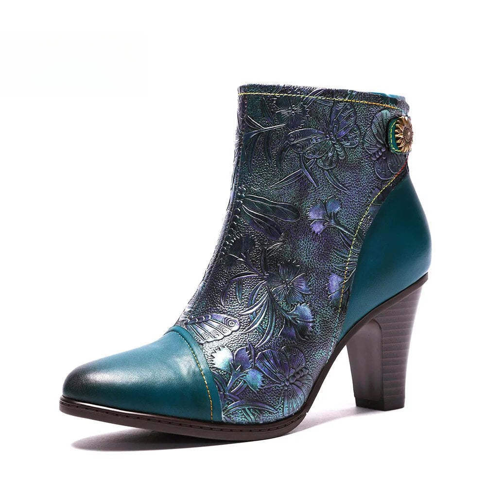 SOCOFY Genuine Leather Retro Handmade Exquisite Embossed Fashion Zip Winter Boots