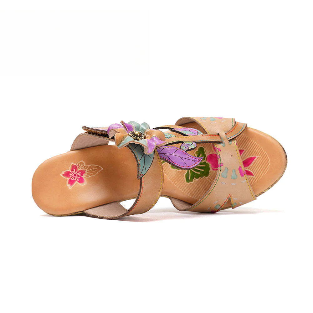Socofy Vicconfy Flower Patchwork Head Cowhide High Heel Women's Sandals Slippers