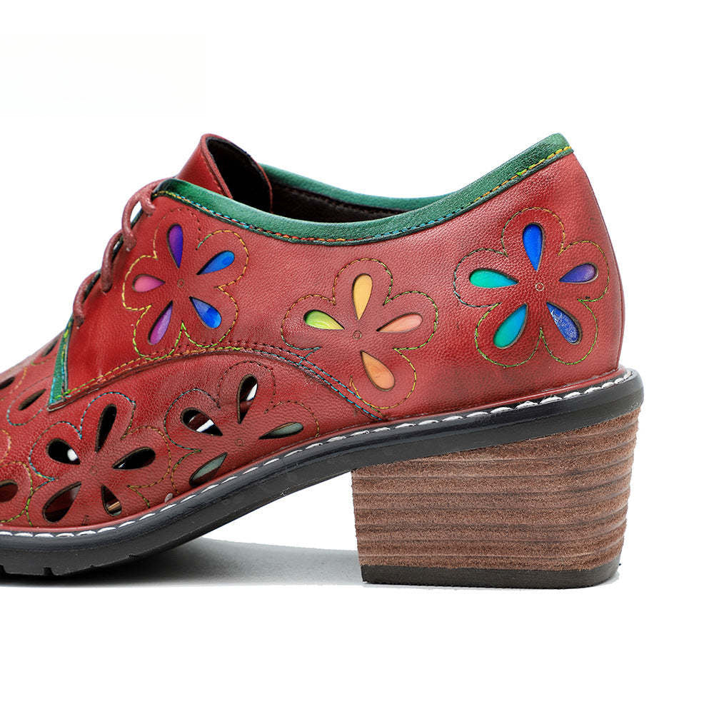 Socofy New style genuine leather retro contrasting hollow lace-up women's shoes
