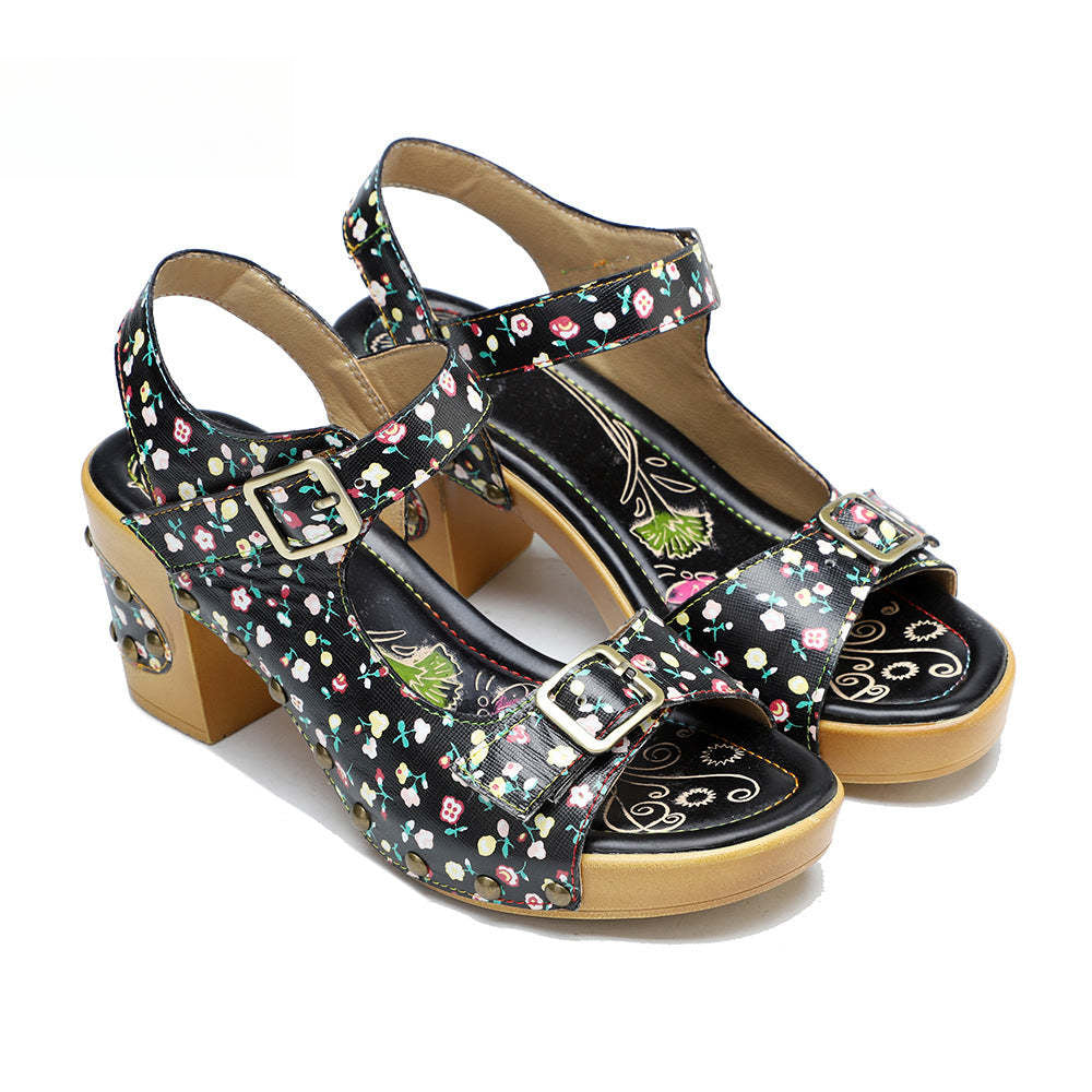 Socofy Leather Vintage Floral American Rustic Heeled Sandals