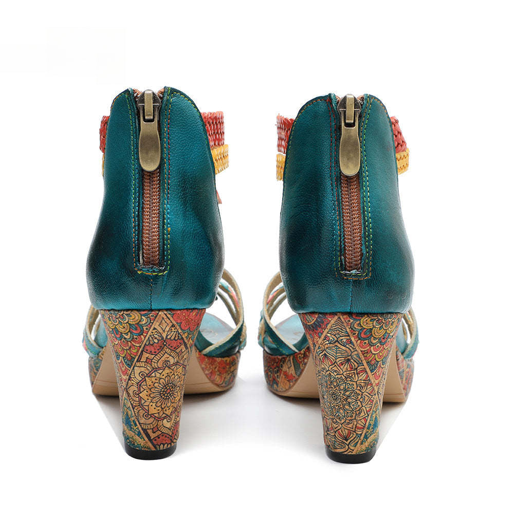 Socofy summer genuine leather braided retro fashion high-heeled women's sandals