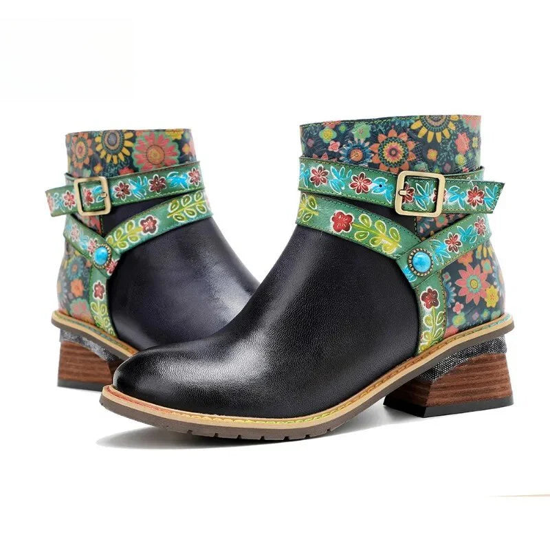 SOCOFY Belt Buckle ZIP Genuine leather Flower Splicing British Style Ankle Boots
