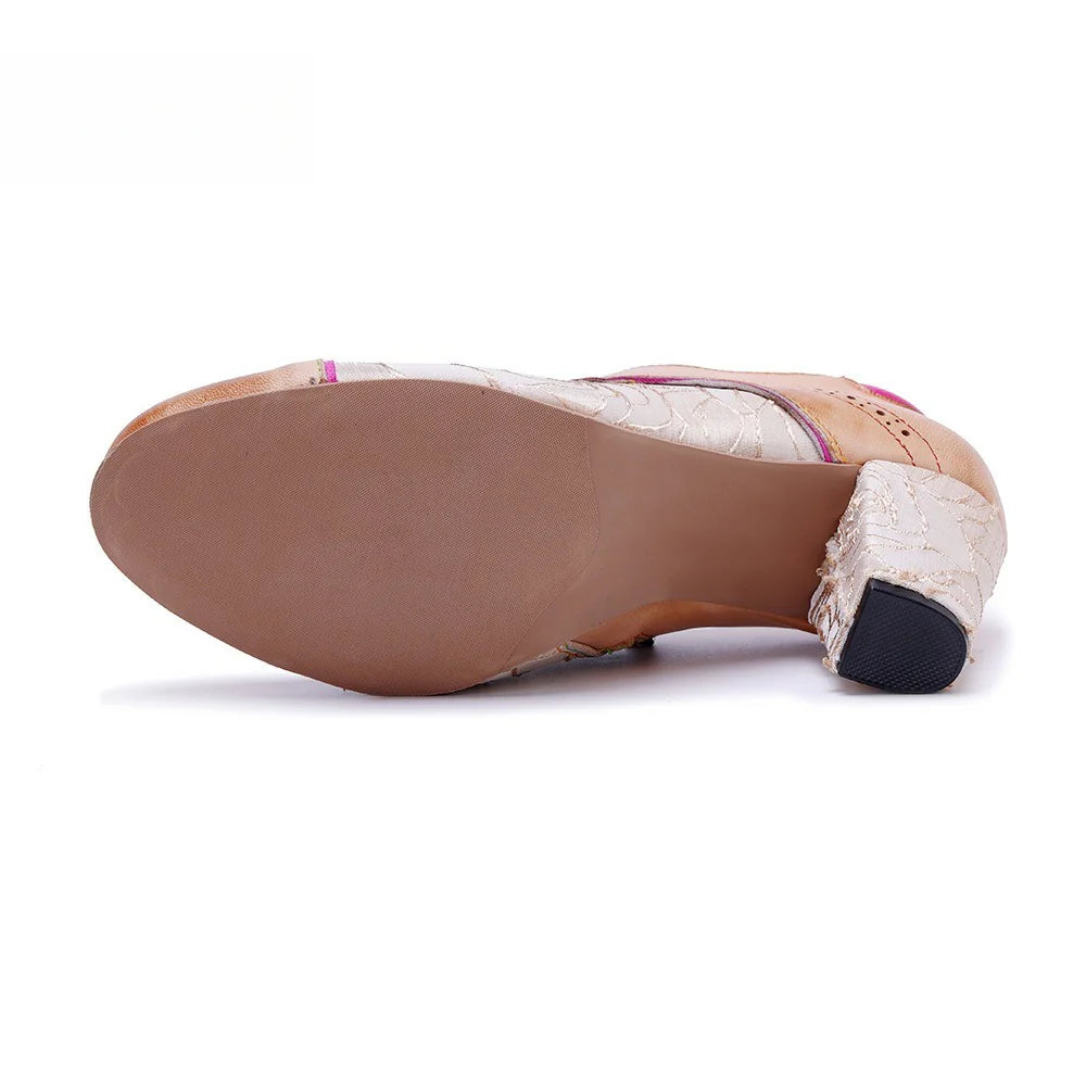 Socofy Genuine leather vintage splicing rose fashion lace-up high heels shoes