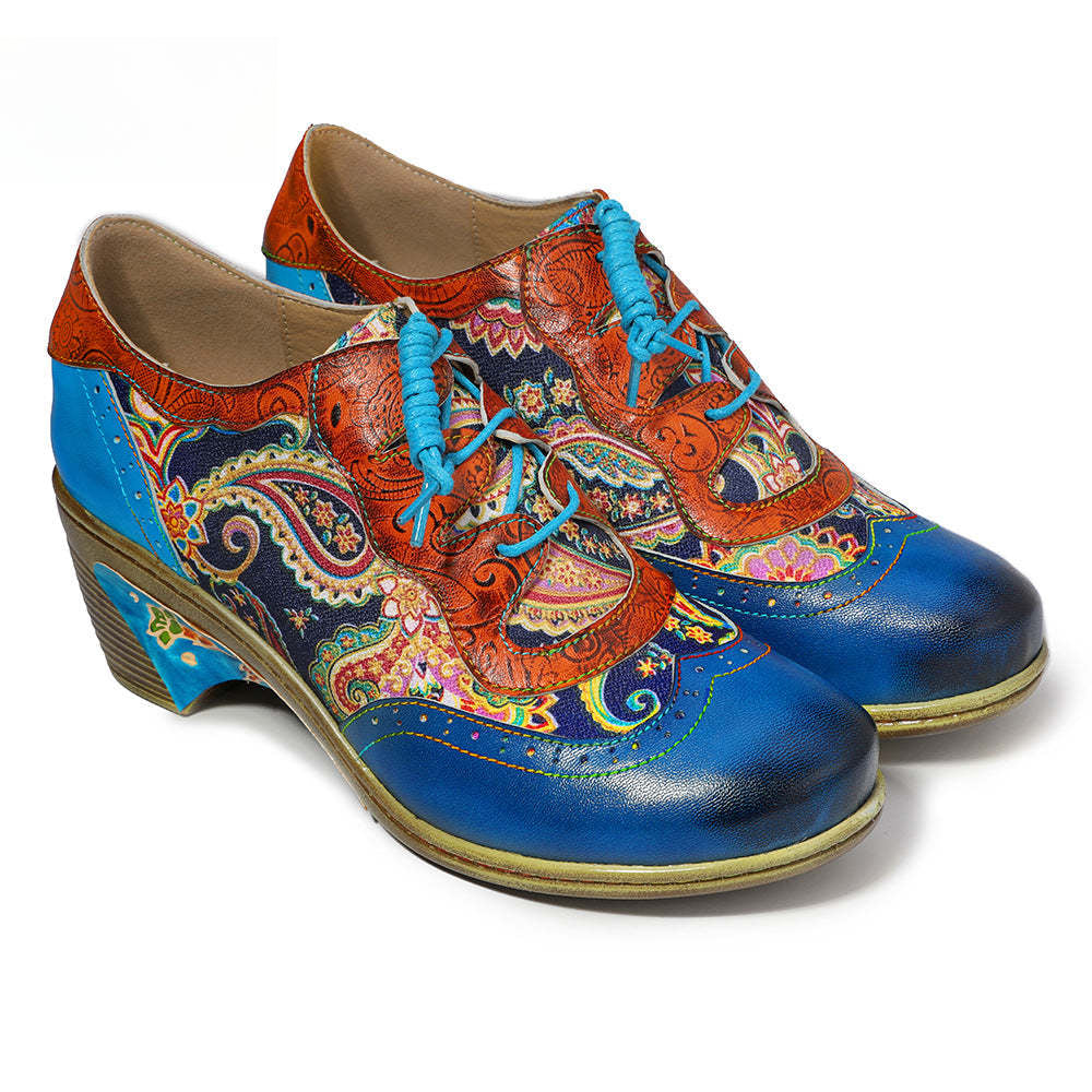 Socofy Vintage Handmade Bohemian Brogue Printed Heels Shoes
