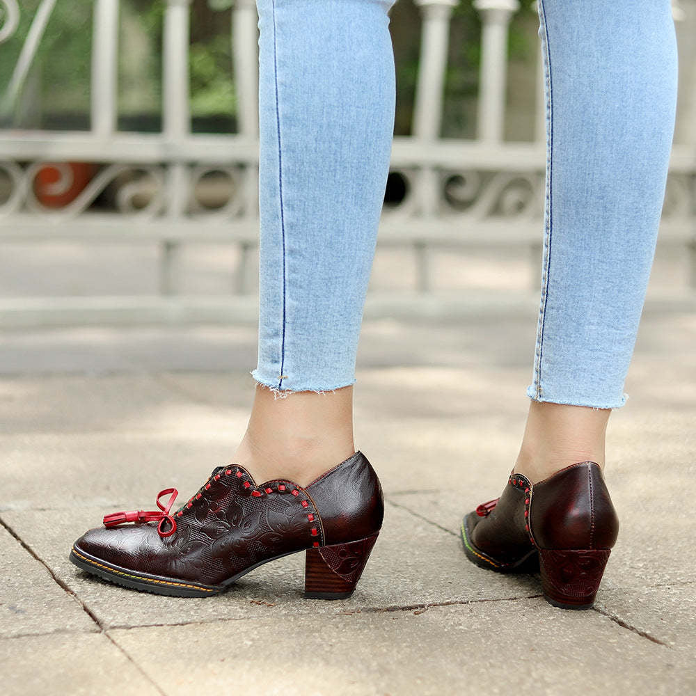 Socofy spot genuine leather bow tassel retro palace style thick heel women's high heels