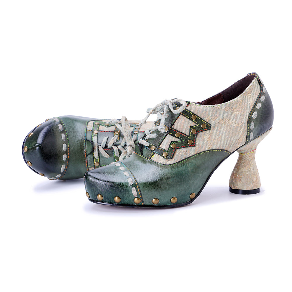 Socofy Vicconfy Genuine Leather Army Green Ethnic Style High Heels