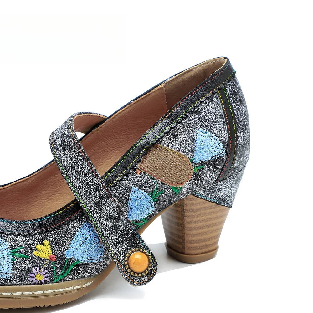 Socofy Spring and summer new retro embroidery Mary Jane thick heeled comfortable high heels
