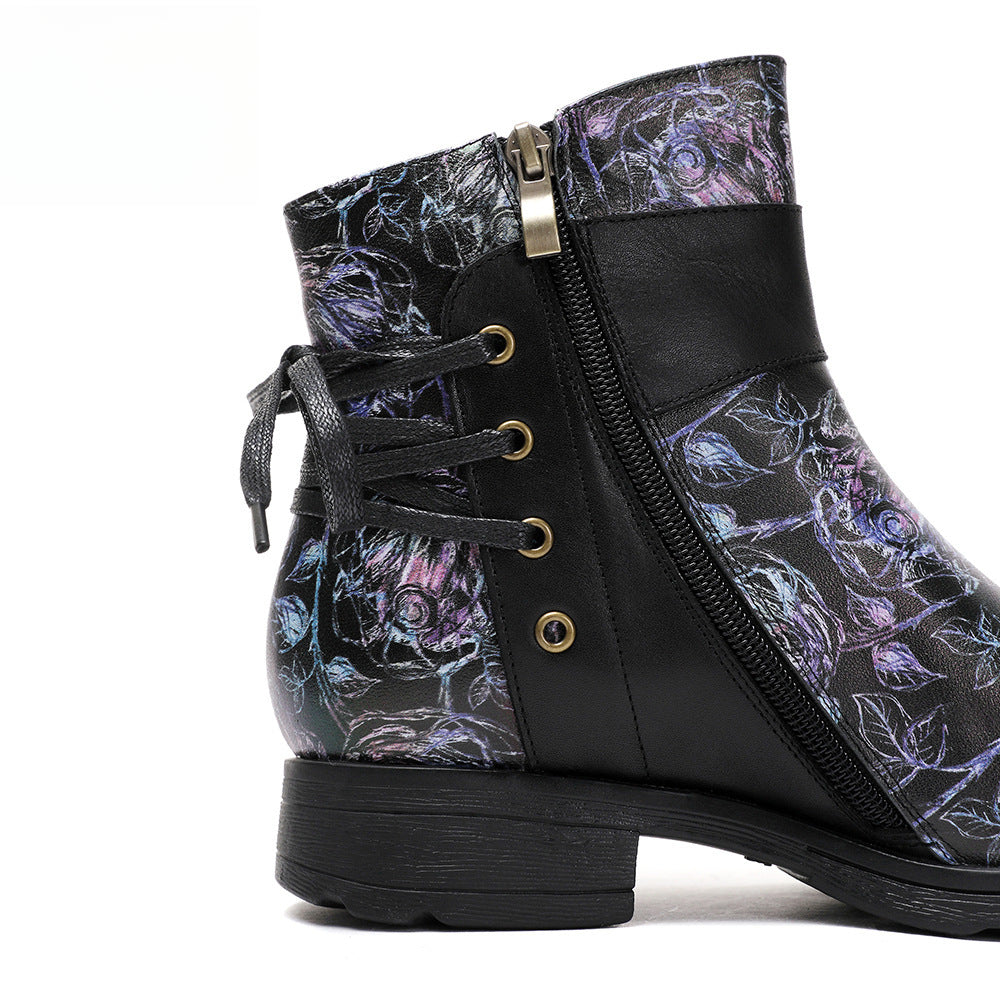 Socofy Vicconfy Retro Leather Blossom Casual Comfort Ankle Boots