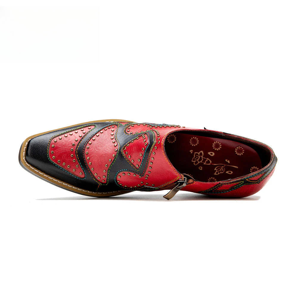 Socofy Genuine Leather Retro Round Rivet Deco Shallow Flat Shoes