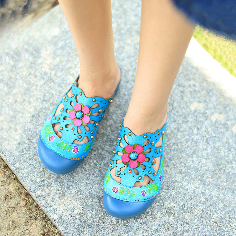 Socofy Genuine leather hand-rubbed vintage casual three-dimensional flower hollow comfortable shoes