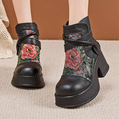 Socofy Retro Cowhide Leather Chunky Heel Platform Boots