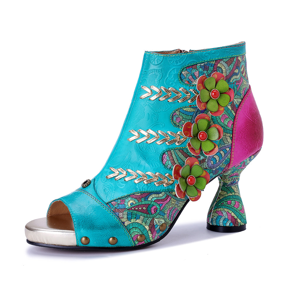 Socofy Vicconfy Leather Floral Fish Mouth Lake Green Heeled Sandals