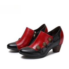 Socofy Vicconfy Genuine Leather Ethnic Style Handmade Vintage Literary Buckle Heels