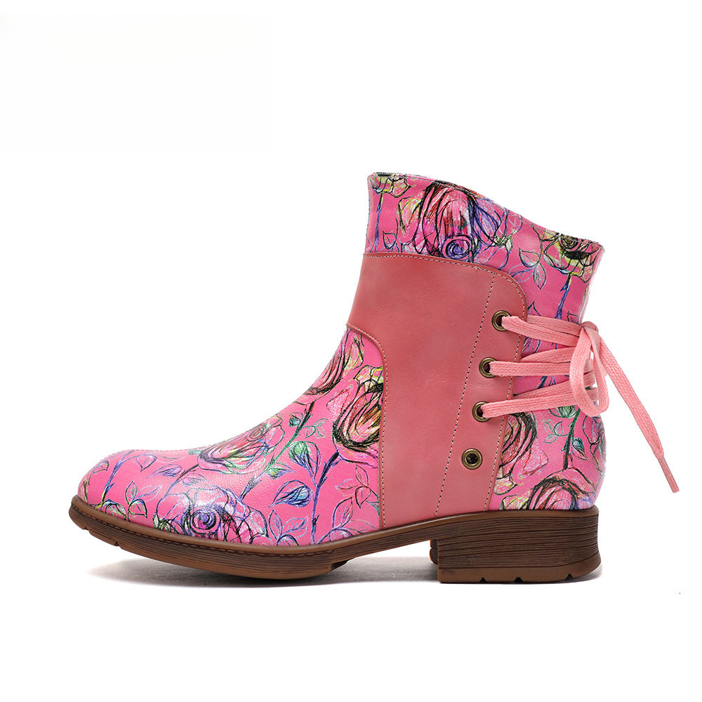 Socofy Vicconfy Retro Leather Blossom Casual Comfort Ankle Boots