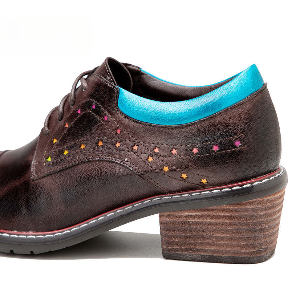 Socofy Leather Star Deco Lace Up Chunky Heel Single Shoes