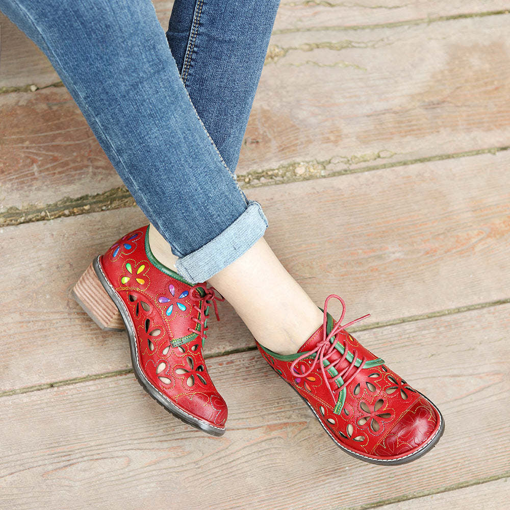Socofy New style genuine leather retro contrasting hollow lace-up women's shoes