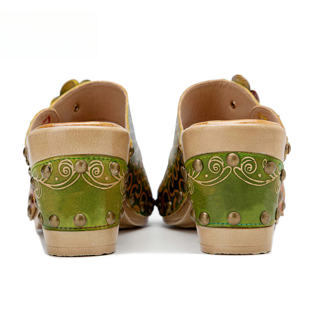 Socofy Spring and summer genuine leather retro flower comfortable thick heel high heel sandals