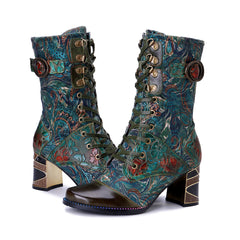 Socofy Winter Retro Painted Chunky Heel Boots