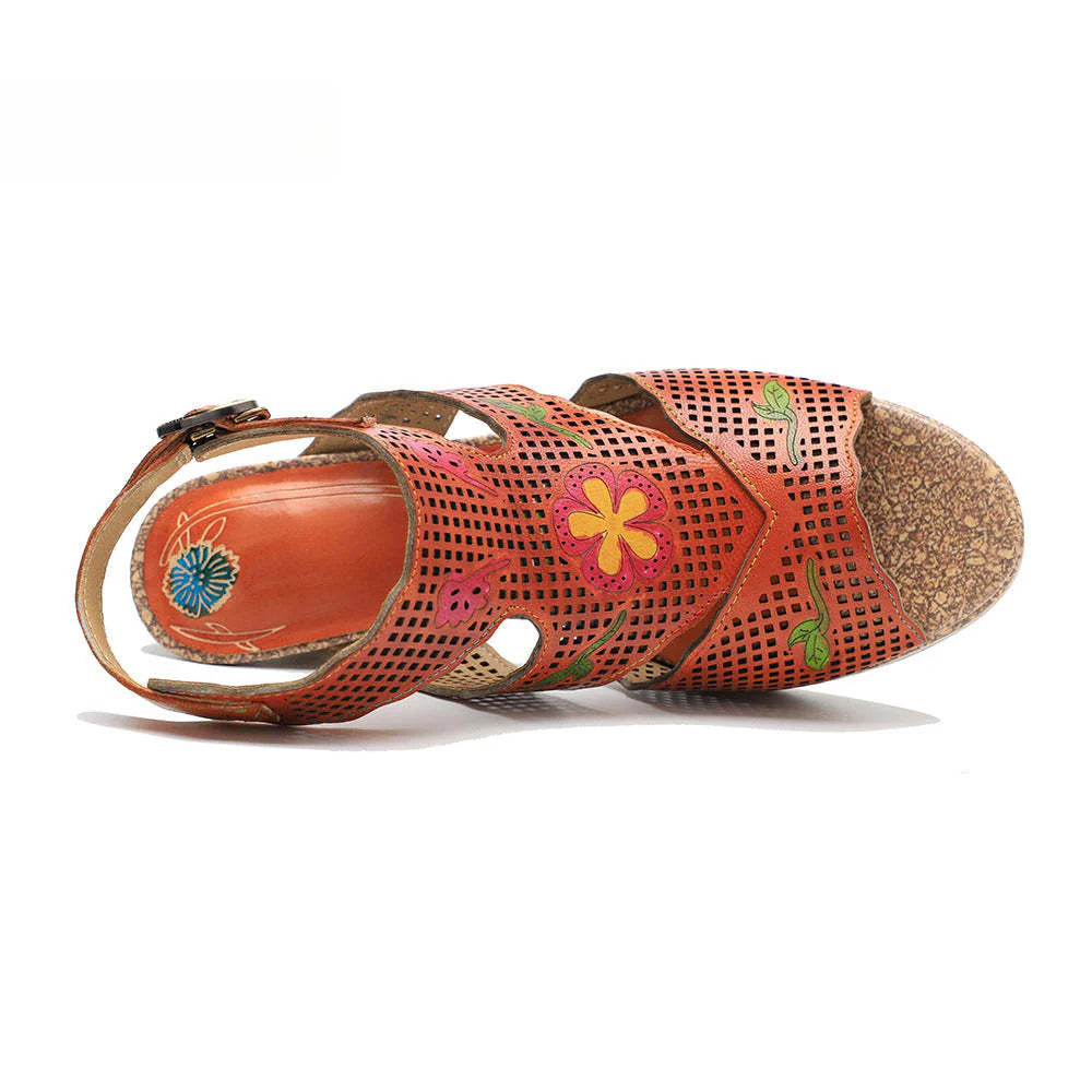 Socofy new retro genuine leather hollow color layer leather high heel sandals