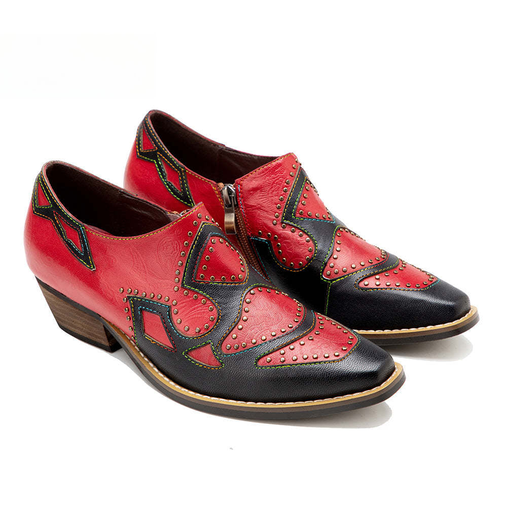 Socofy Genuine Leather Retro Round Rivet Deco Shallow Flat Shoes