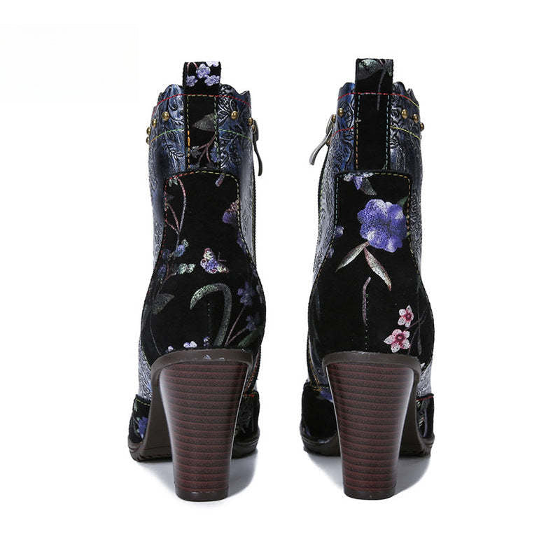 Socofy Vicconfy Vintage Genuine Leather Boots Floral Women's Boots