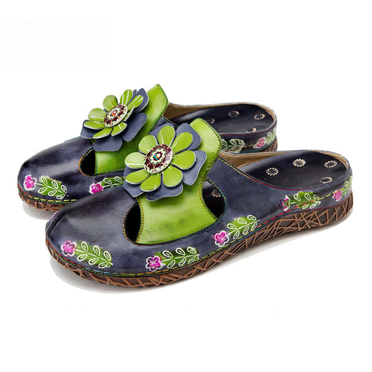 Socofy Flat Flower Daily Home Casual Back Heel Half Slippers Women 1000