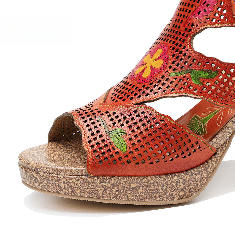 Socofy new retro genuine leather hollow color layer leather high heel sandals