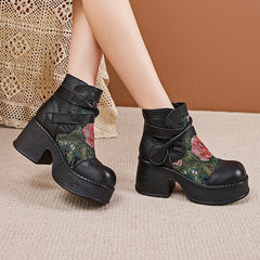 Socofy Retro Cowhide Leather Chunky Heel Platform Boots