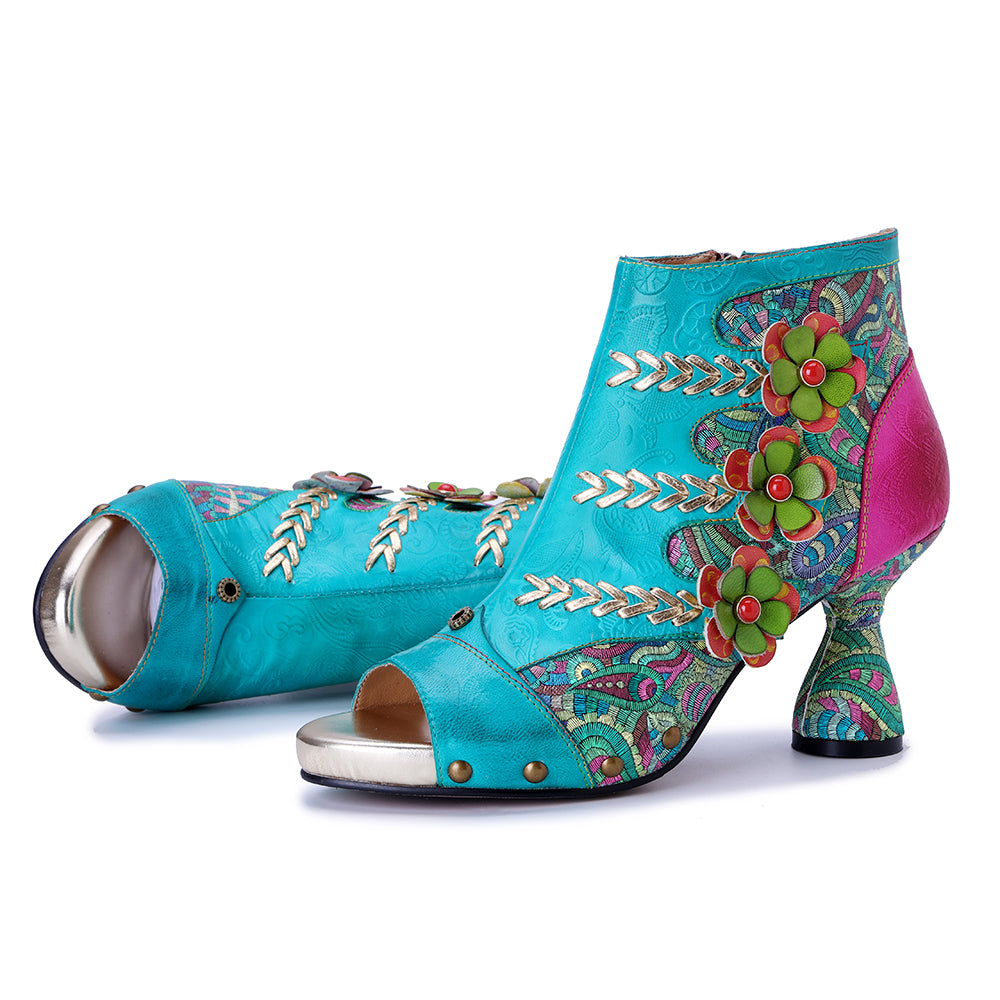 Socofy Vicconfy Leather Floral Fish Mouth Lake Green Heeled Sandals
