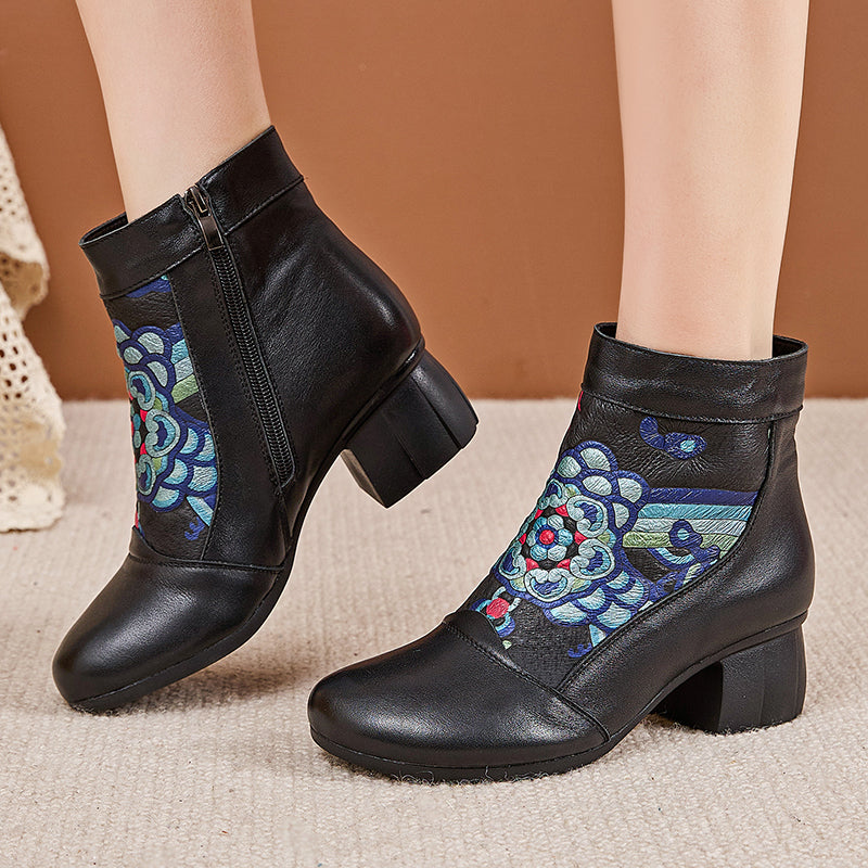 Socofy Retro Cowhide Leather Side Zipper Boots