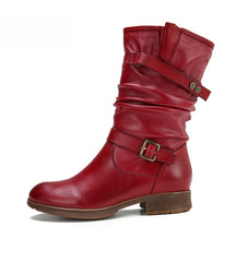 Socofy Vicconfy Genuine Leather Buckle Deco Cowhide Flat Long Boots
