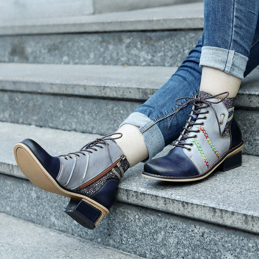 Socofy Vicconfy Handmade Leather Scuffed Vintage Women's Boots