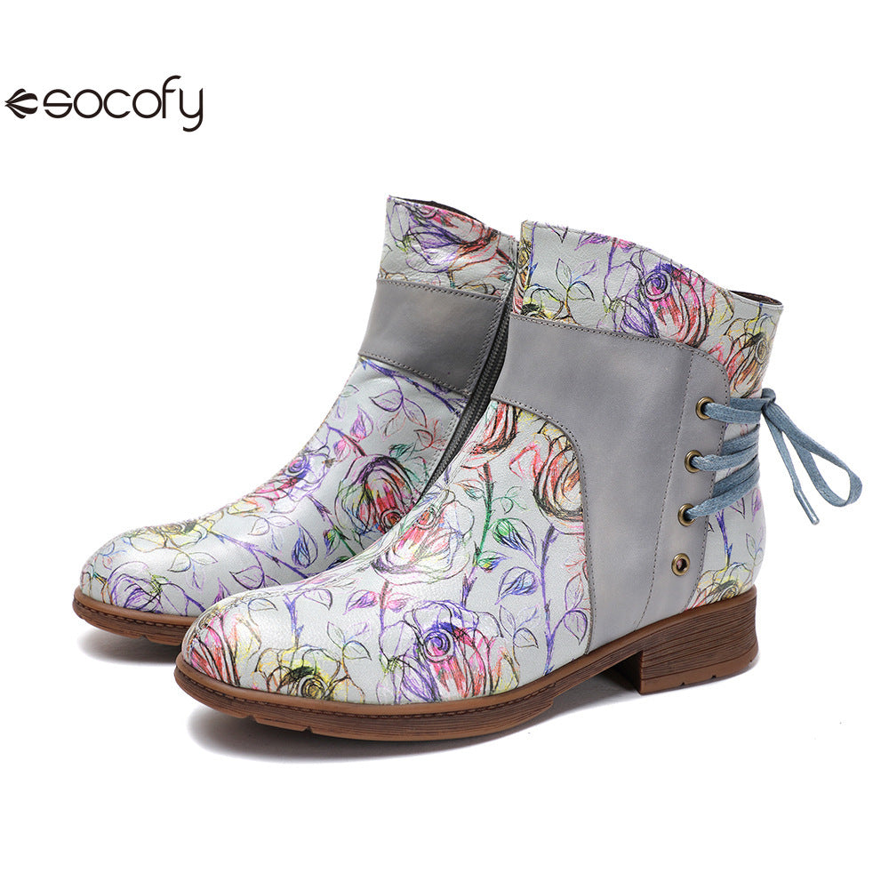 Socofy Vicconfy Retro Leather Blossom Casual Comfort Ankle Boots