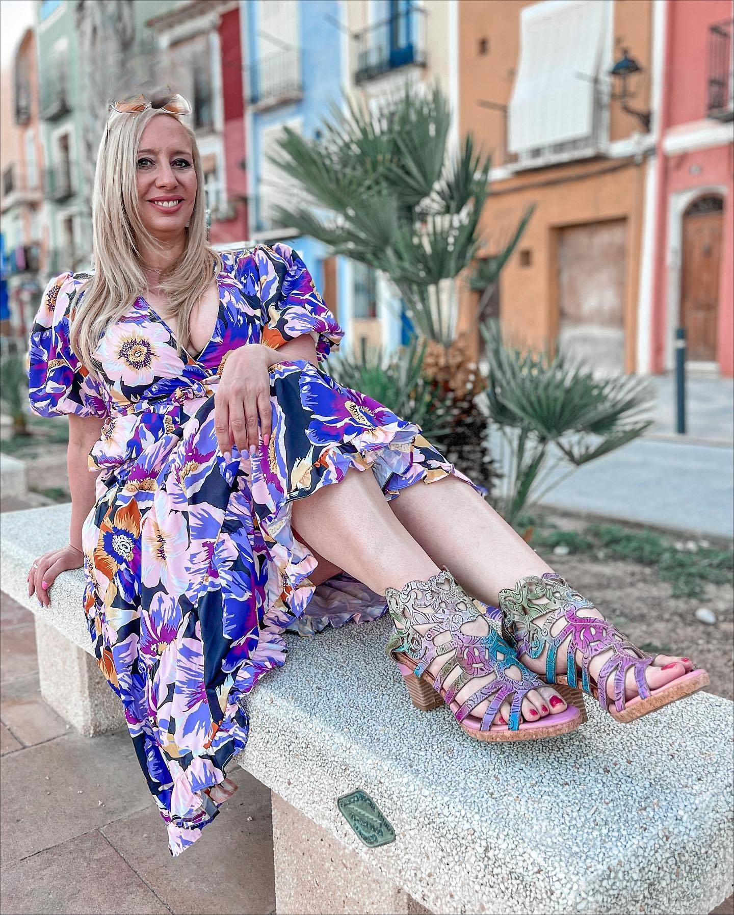 Socofy Genuine Leather Hand-painted Retro Sewing Zip Casual Handmade Sandals