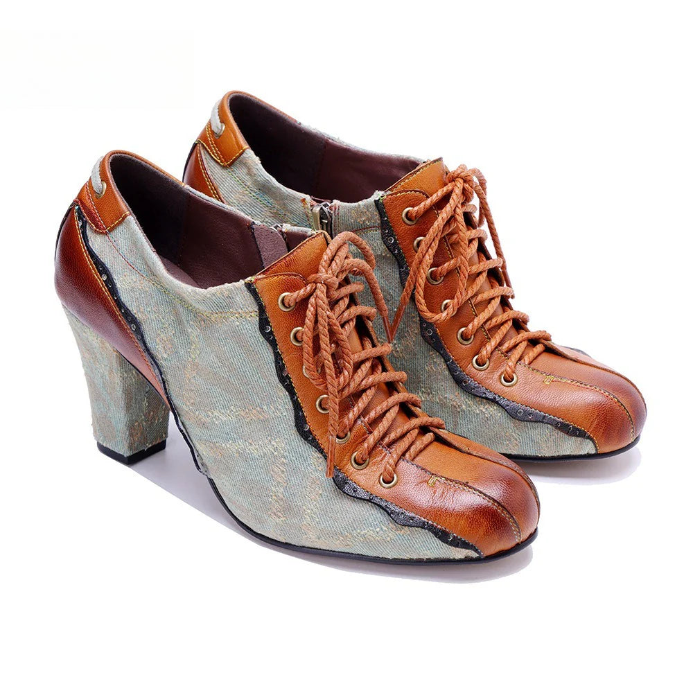 Socofy Genuine Leather Retro Fashion Lace Up Heels pumps