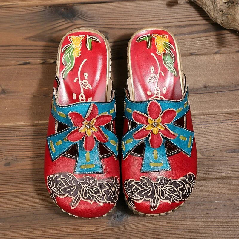 Socofy Genuine Leather Hand-painted Flower Summer Platform Slippers