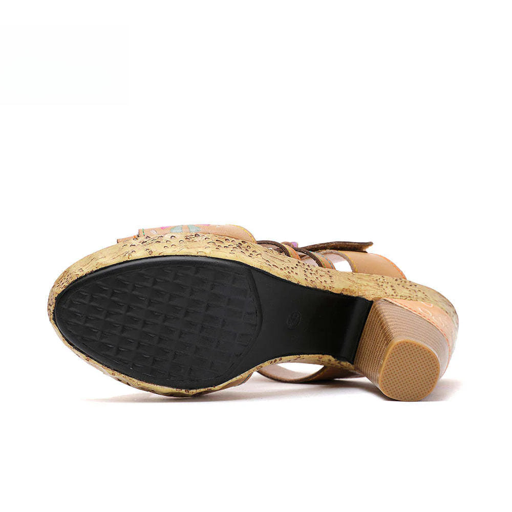 Socofy Vicconfy Flower Patchwork Head Cowhide High Heel Women's Sandals Slippers