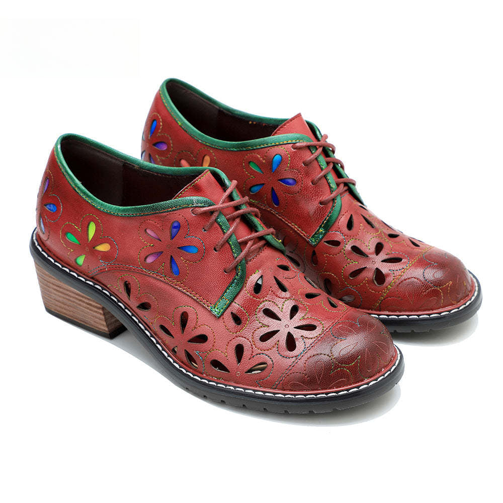 Socofy New style genuine leather retro contrasting hollow lace-up women's shoes
