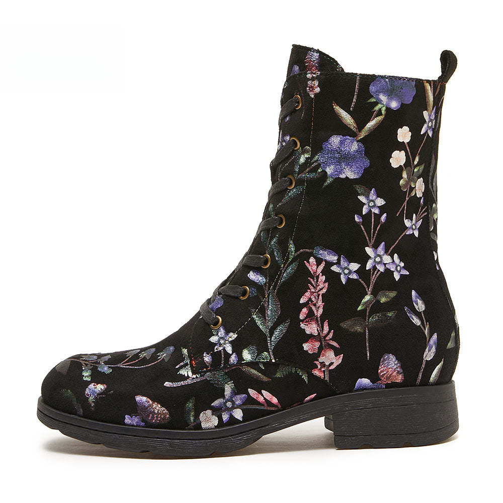 Socofy Autumn and winter warm and wear-resistant mid-calf round-toe cowhide leather fashion boots