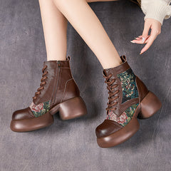 Socofy Retro Chinese Leather Platform Heel Boots